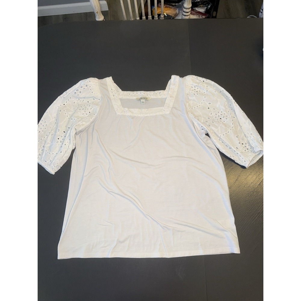 Pioneer Woman shirt‎ size L white balloon eyelet short sleeves peasant feminine